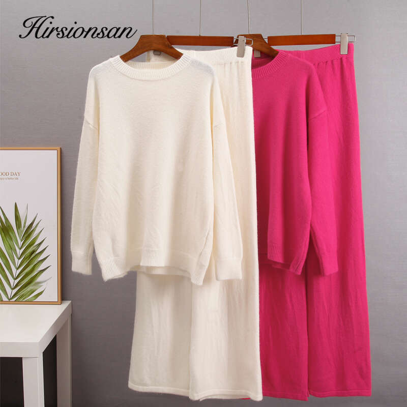 Hirsionsan Winter Thick Women Suits 2 Pieces Cashmere Female Sets O Neck Sweater & Wide Leg Pants Soft Knitted Track Suit