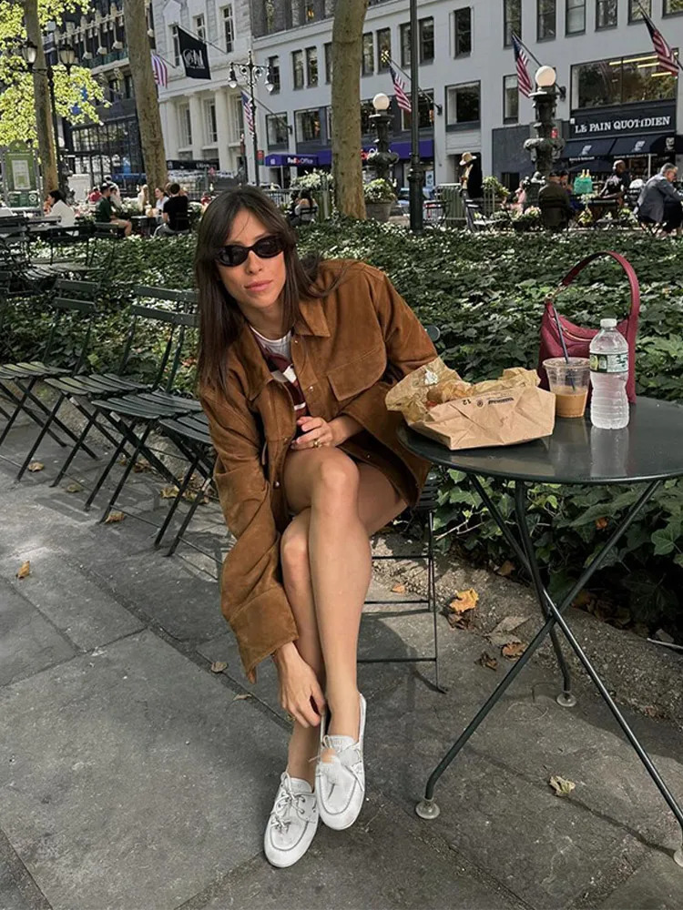 Women Chic Brown Casual Suede Jackets Lapel Long Sleeve Single Breasted Pockets Coats Solid Autumn Office Female Commuting Top 241017