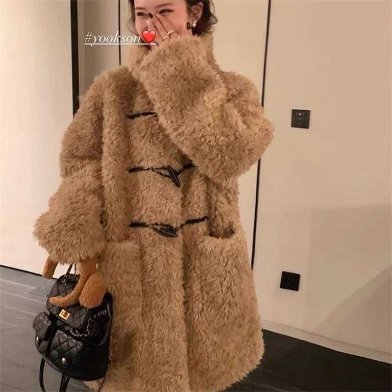 HEYGIRL Black Brother Teddy Pupu Chao Leather Loop Cow Horn Buckle Warm Loose Imitation Lamb Wool Coat for Women Cardigan JacketX241018