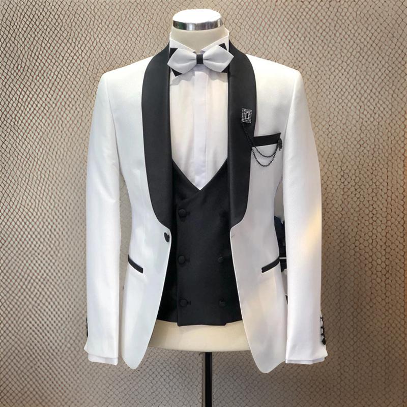 3 Pieces Wedding Tuxedos White Slim Fit Men Suits Jacket with Black Pants Vest Formal Fashion Groomsmen Wear 2024
