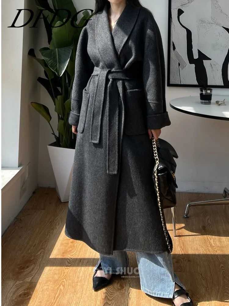 DFDG Autumn And Winter New Solid Color Green Fruit Collar Strap Fashion Simple Long Sleeve Woolen Coat For Women 2024X241009