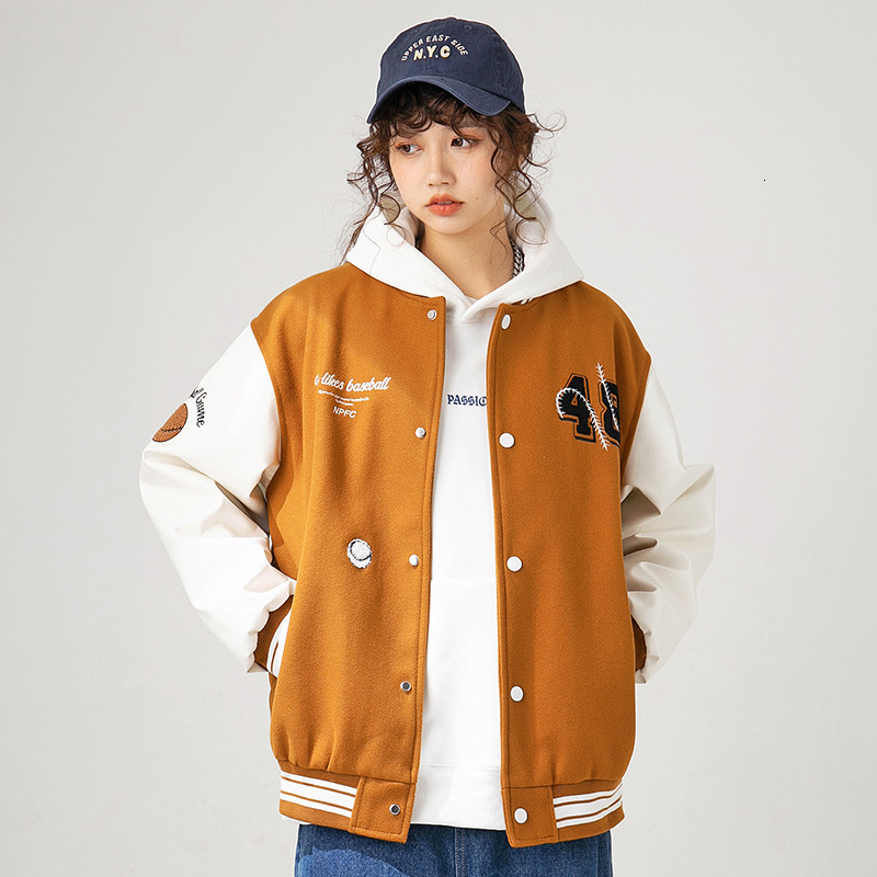 Hat Pattern Embroidery Varsity Bomber Jacket Men And Women Baseball Uniform Retro College Patchwork Leather Sleeve Outcoat Brown
