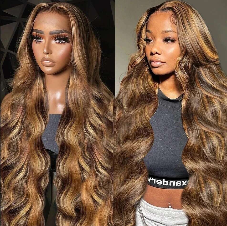 4/27 Highlight Body Wave Human Hair Brazilian 30 32 Inch Colored Ombre Blonde 13x6 HD Transparent Lace Frontal Wig For Women
