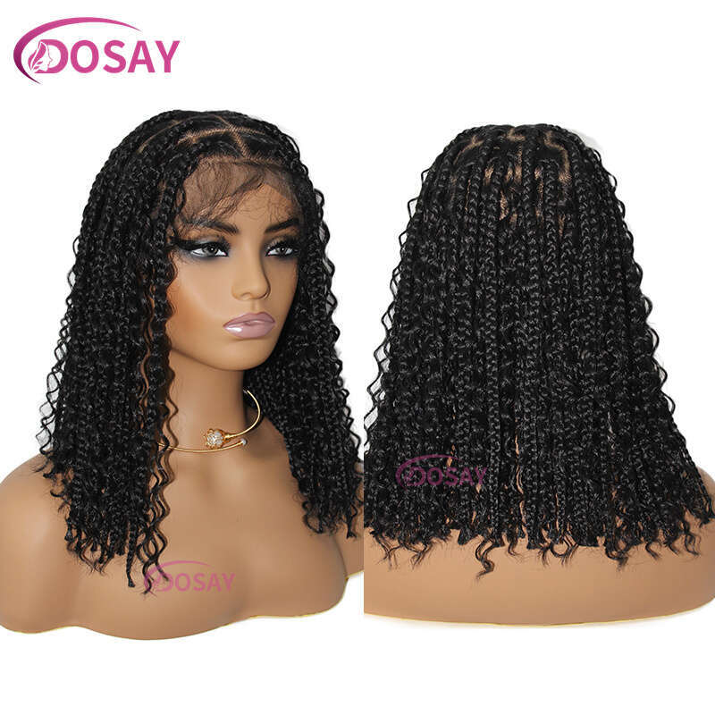 Synthetic Curly Wigs Short Bob 360 Full Lace Braids Wigs 12 Inch Boho Knotless Braided Wigs Goddess Box Wig Pre-Pluck Baby Hair