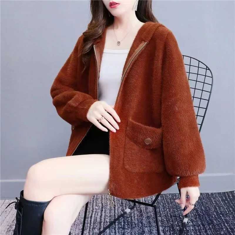 Womens Imitation Mink Cashmere Coat Thick Knitted Sweaters 2023 New Autumn Winter Middle Aged Loose Sweater Female CardiganX241018