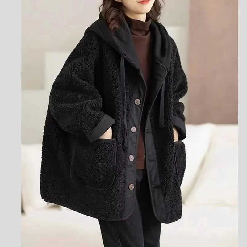 Korean Ladies Join Together Hooded Lamb Plush Jacket Autumn Winter Female Medium Long Styles Coat Large Size Baseball OutwearX241018