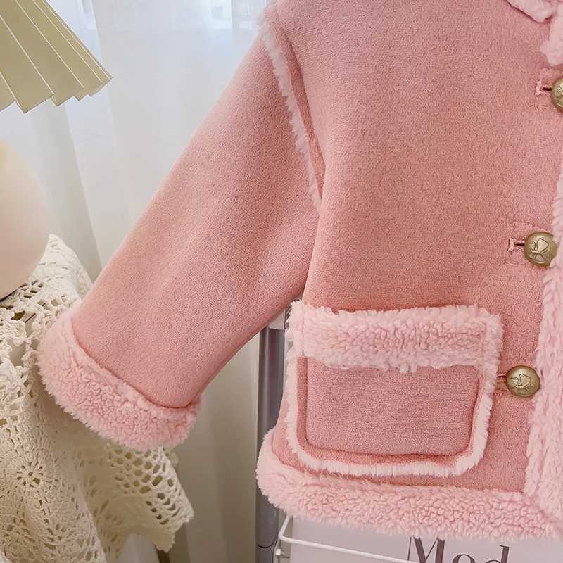 2024 Winter New Girls Jacket Solid Color Lamb Wool Lining Thick Keep Warm Lapel Fashion Coats For 2-8 Years Kids Plush SnowsuitX241018