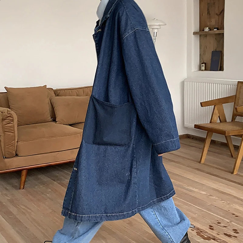 IEFB Mens Coat Autumn Loose Denim Windbreaker Fashion Harajuku Unisex Knee Long Trench High Street Korean Outerwear 28A3615 241017