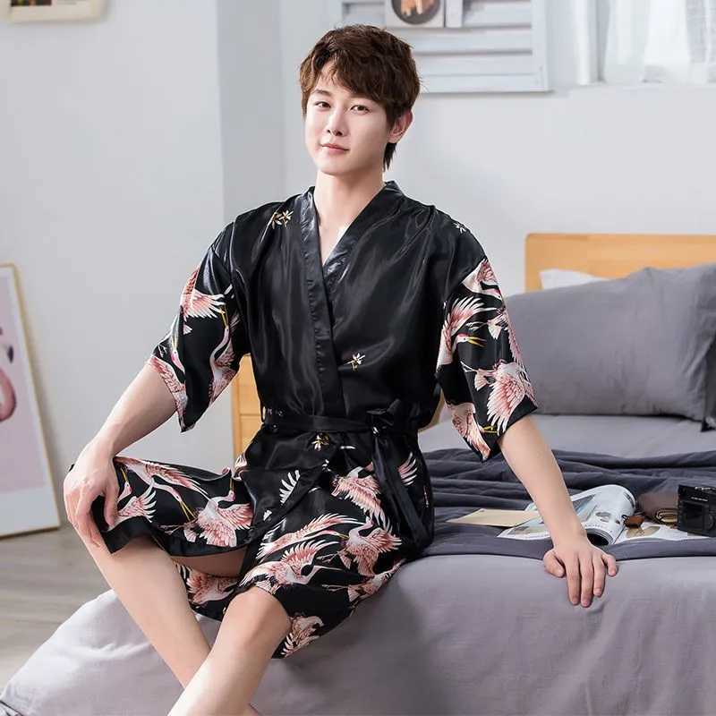 Men Satin Kimono Robe Set Nightwear Half Sleeve Print Crane Sleepwear Home Dressing Gown Loungewear Nightgown BathrobeXJ241018