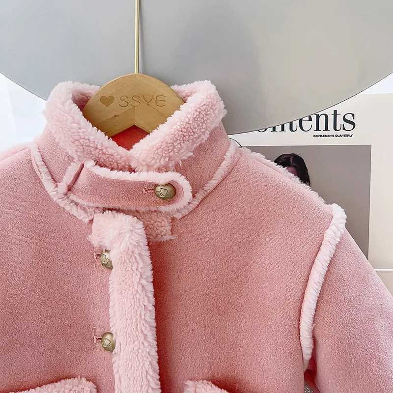2024 Winter New Girls Jacket Solid Color Lamb Wool Lining Thick Keep Warm Lapel Fashion Coats For 2-8 Years Kids Plush SnowsuitX241018
