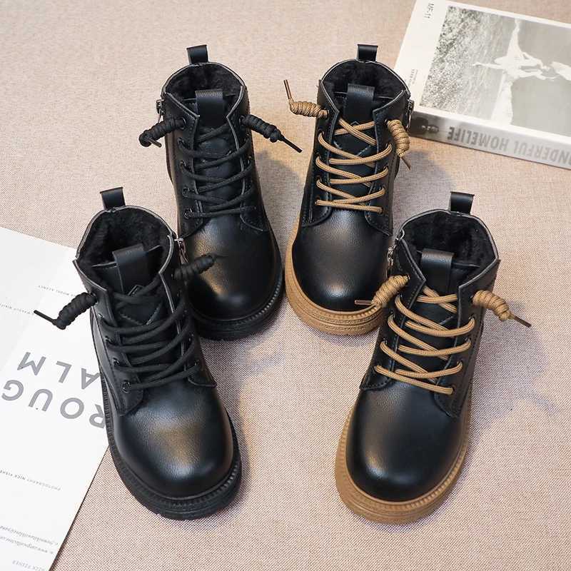 Boots Girls Leather Boots Kids Fashion Rubber Boots Cool Soft Sole Side Zip Children Catwalk Boots Round-toe Solid Color 2024 New H241018