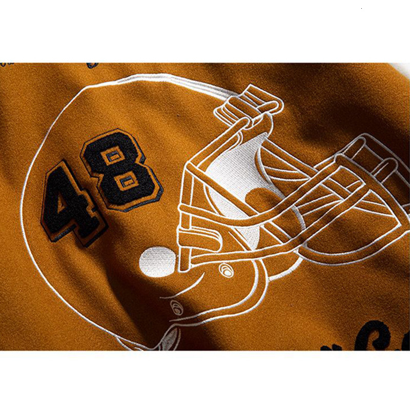 Hat Pattern Embroidery Varsity Bomber Jacket Men And Women Baseball Uniform Retro College Patchwork Leather Sleeve Outcoat Brown