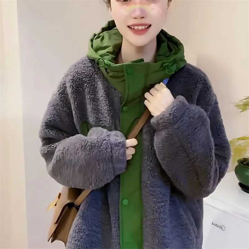 Fashion Ladies Hooded Baseball Jacket Winter Female Zipper Lamb Wool Coat Women Splicing Together TopsX241018