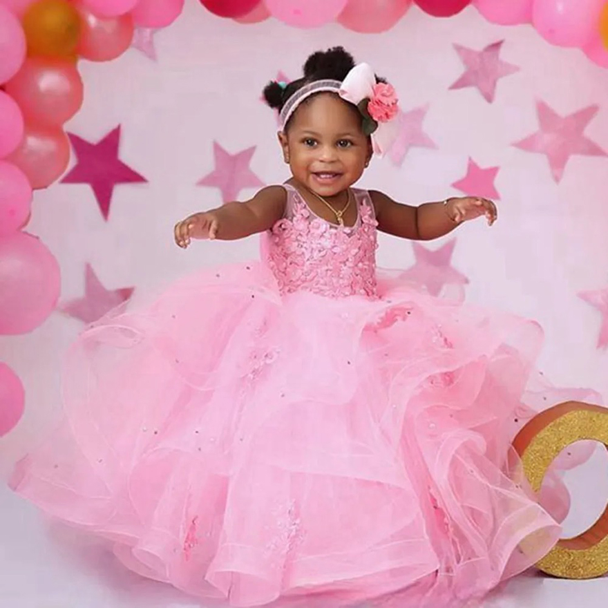 Pink Little Kids Birthday Party wer Girl Dresses Sheer Neck Appliqued Lace Tiered Tulle Beaded wergirl Dress Princess Queen Marriage Gowns