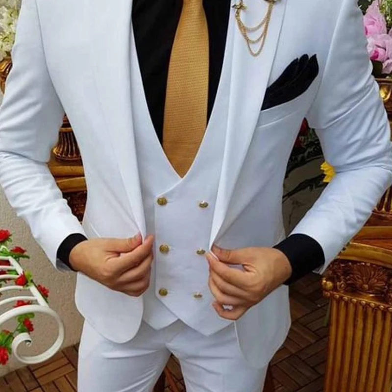 White Wedding Tuxedo Slim Fit Suits for Men 3 Piece Formal Jacket with Double Breasted Waistcoat Pants Male Fashion 2025