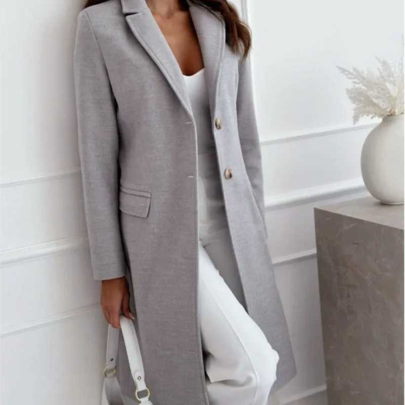 2024 Hot Style Autumn And Winter Simple Solid Color Mid-length Buttoned Woolen Coat For Elegant WomenX241009