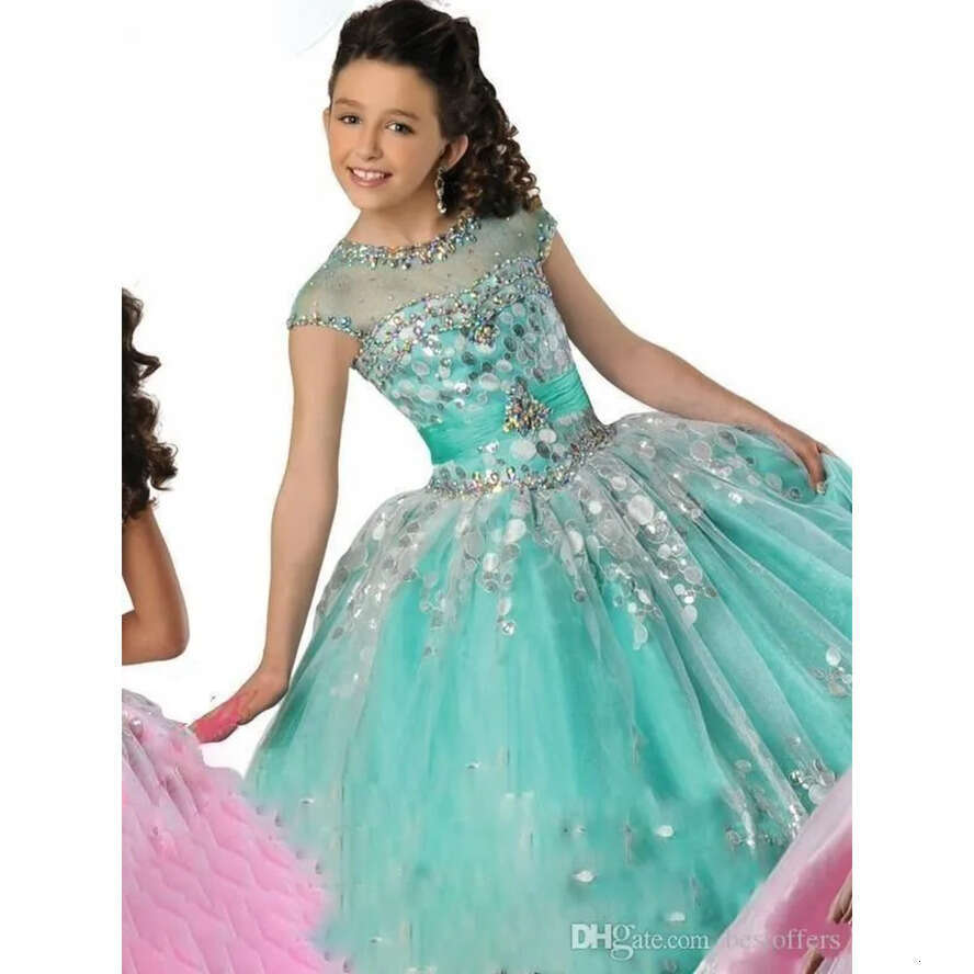 Pageant 2020 Princess Girl's Beaded Ruffles Sheer Neck Ball Gown Or Length Pink Blue Wer Girl Dresses Sequins Dress