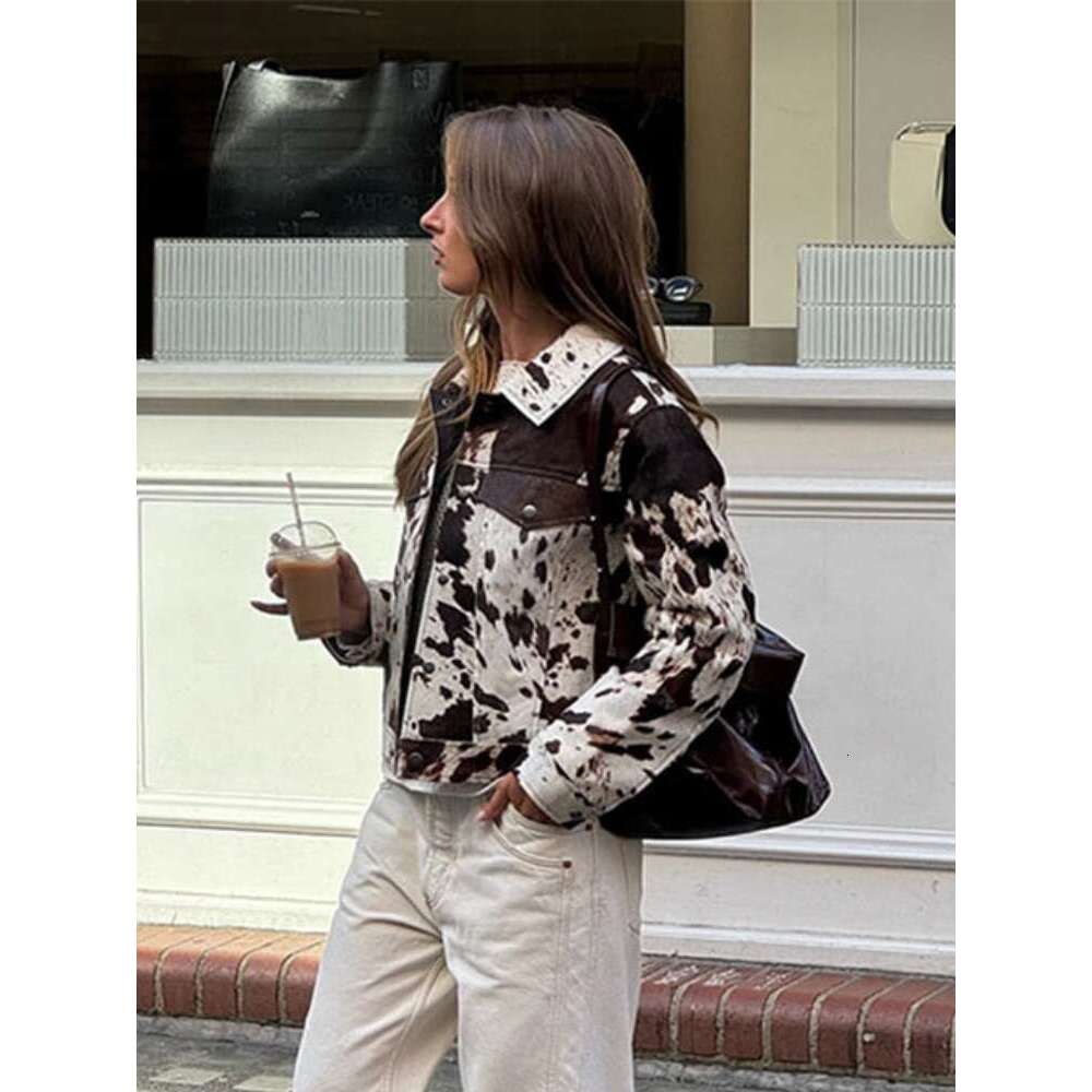 Vintage Printed Women's Snap Buttons Leather Jacket Fashion Lapel Long Sleeve Flap Pockets Short Coat 2024 Chic Lady Outerwear