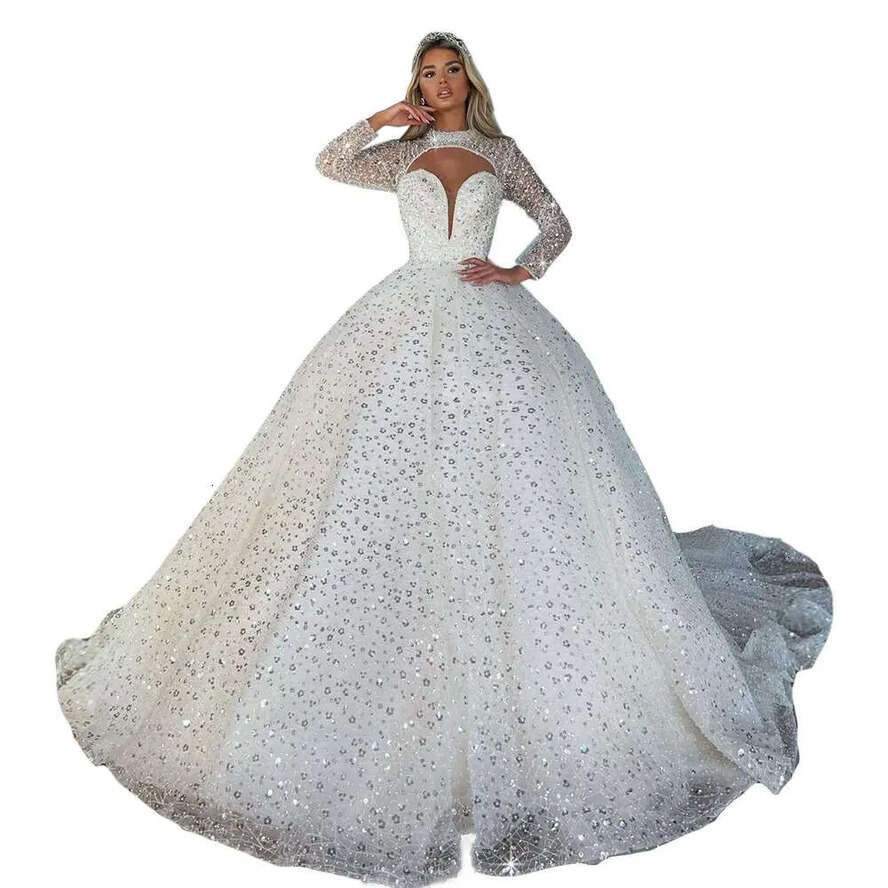Neck Sexy High Mermaid Long Sleeves Gowns Custom Bridal Made Sequined Race Or Length Wedding Dresses Court Train Satin Ruched Tulle Beach Vestido De N
