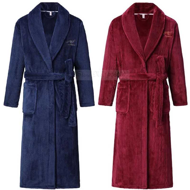Winter Thick Coral Fleece Robe Men Sleepwear Oversize Long Kimono Bathrobe Gown Warm Flannel Nightwear Loose Homwear LoungewearXJ241018