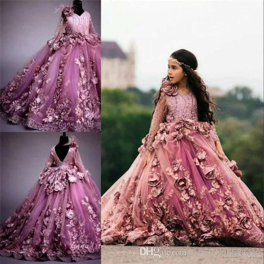 Ral Applique 3D Plum Ball Gown Girl Dresses Sheer Long Sleeve Appliques Or Length Kids Toddler Pageant Gowns Bc1952 s s