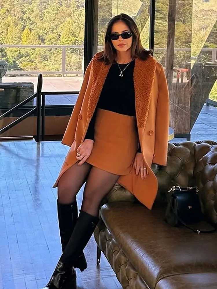Womens Brown Lamb Wool Patchwork Midi Jacket Fashion Solid Lapel Double Breasted Warm Coat Autumn Lady Commute Office OutwearsX241018