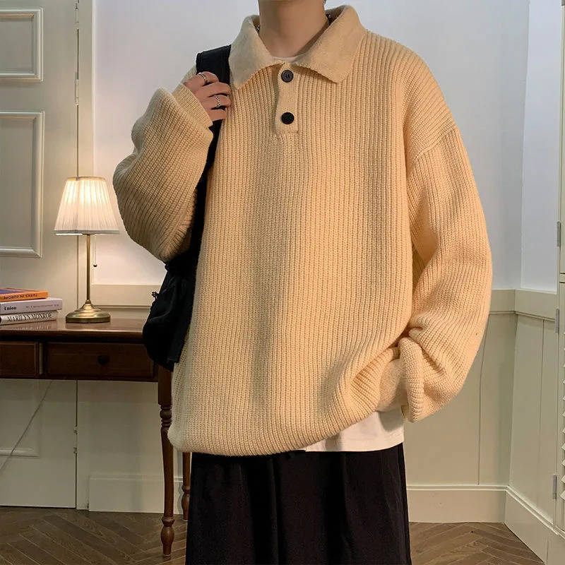 Polo Neck Oversize Men Knit Sweater Vintage Brown Casual Winter Long Sleeve Fashion Warm Streetwear Tops Pullovers 241018