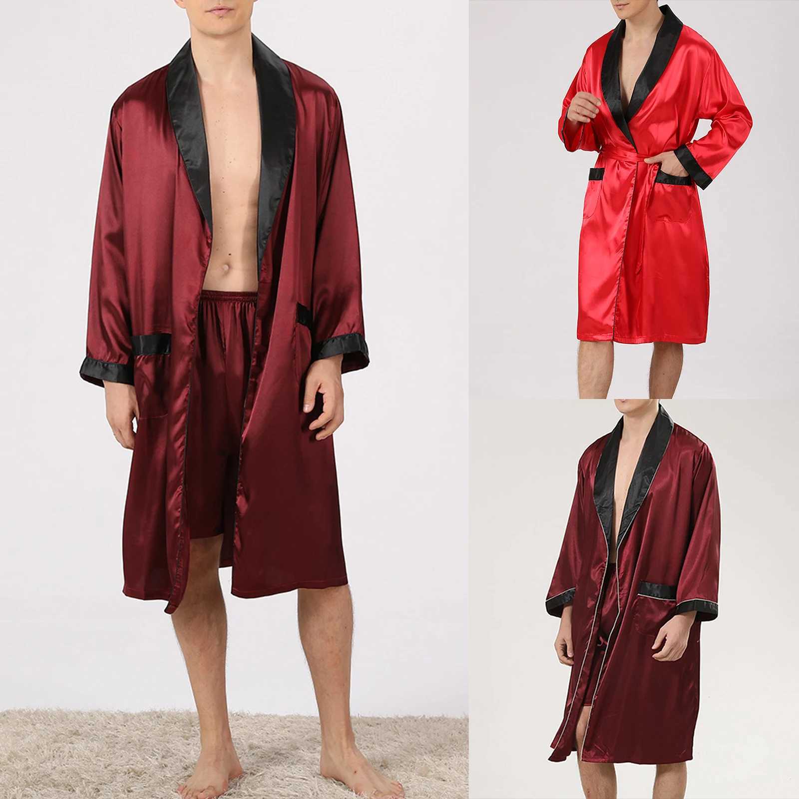 Douhoow Men Pajama Set Summer Male Long Sleeve Open Front Robe with Shorts and Belt Sleepwear LoungewearXJ241018