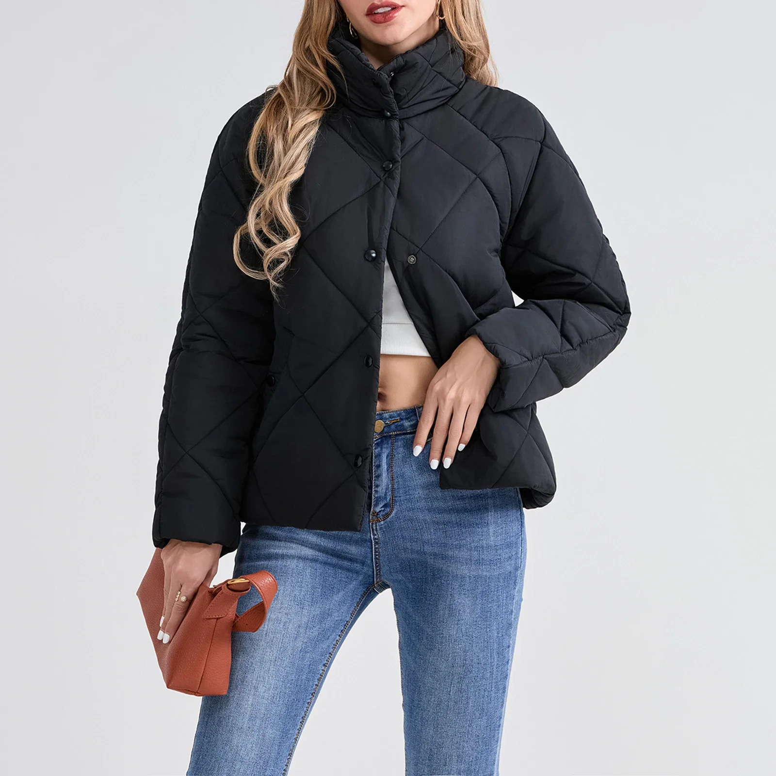 Womens Winter Puffer Coats Solid Color Long Sleeve Stand Collar Button down Quilted Jackets Warm Parkas 241018