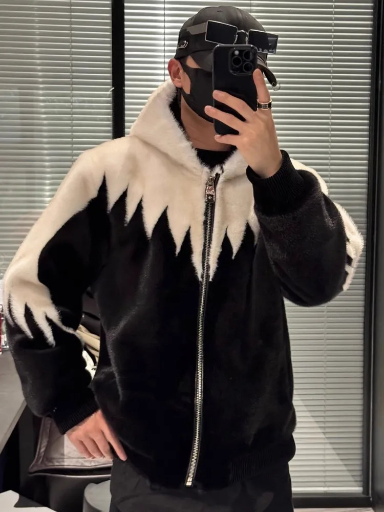 Winter Artificial Mink Fur Mens Hooded Jacket Fashion Zipper Mixed Colors Hip Hop Casual Outewear Personality High Street Coat 241018