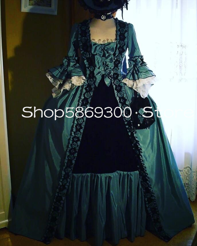 Teal Blue Victorian Rococo Prom Dresses Retro Long Sleeve Lace-up Corset Robeala Costume Halloween Evening Gown Bucolique