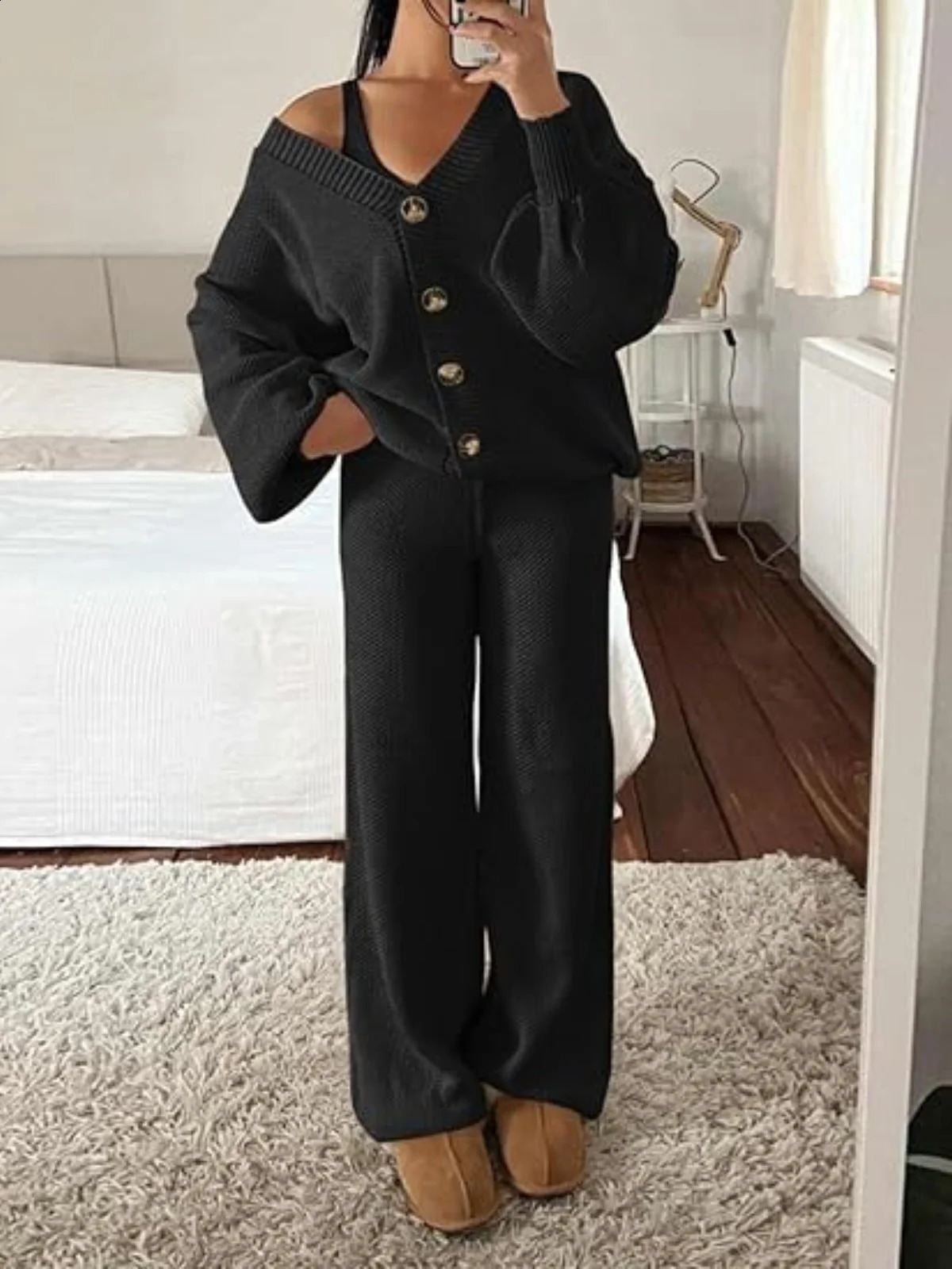 Solid Knit 2 Piece Sets Women Outfit V Neck Single Breasted Cardigan Sweater Tops Wide Leg Pants Casual Loose Fit Long Pant Sets 241017