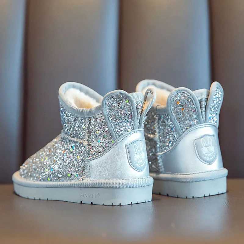Boots Childrens snow boots girls rabbit fur warm boots baby cotton sports shoes sequined genuine leather princess fashion boots H241018