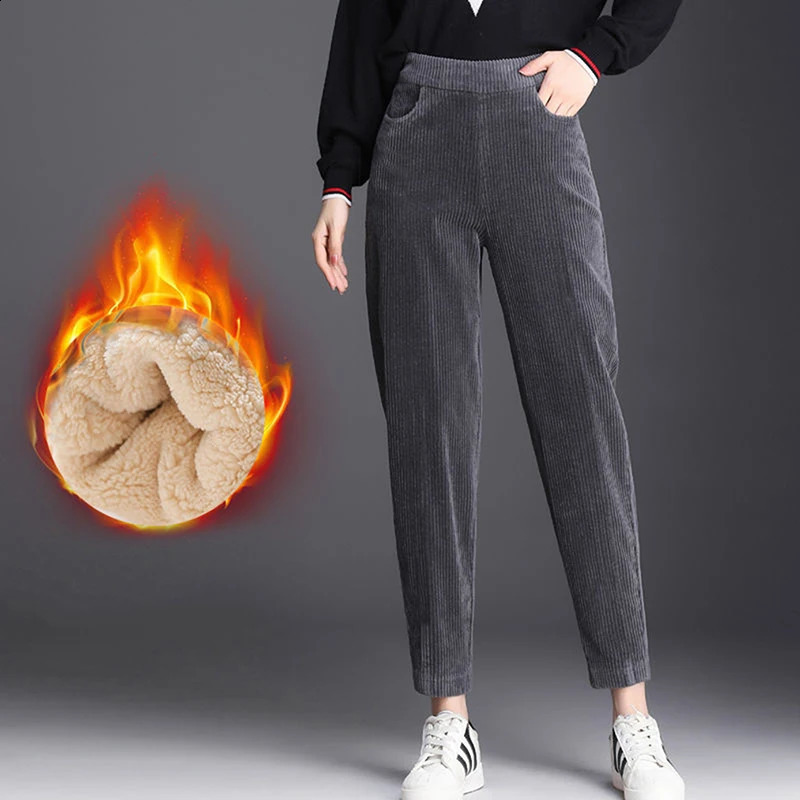 Plush Thick Casual Pants Corduroy Warm Autumn Winter Leggings High Waist Harem Trouser 241007