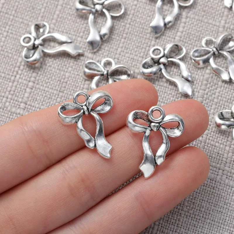 10Pcs Silver Plated Bow Charms Pendants Bulk For Jewelry Making DIY Necklace Bracelet Earrings Key Chain Accessories Supplies 241010