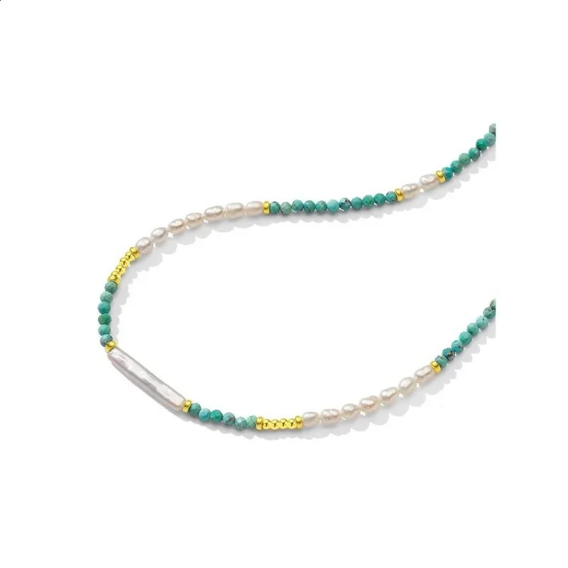 Minar Bohemian Turquoise natural stone freshwater pearl bead necklace suitable for women 14K pure gold copper plated necklace 241018