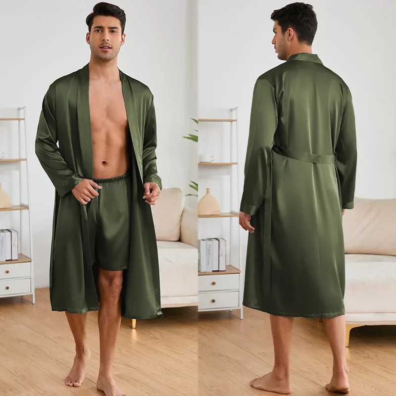 New Silky Satin Robe Suit Mens Robe shorts Set Nightwear Loose Male Kimono Pajamas Long Sleeved Bathrobes Solid Home ClothesXJ241018