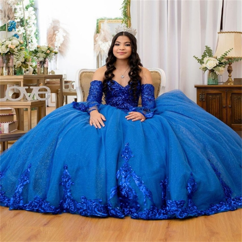 Beautiful Royal Blue Quinceanera Dresses Sparkly Sequin Ball Gown Birthday Dress Vestido De 15 Anos Debutante Charro Long Sleeve Corset Sweet 16 Dress