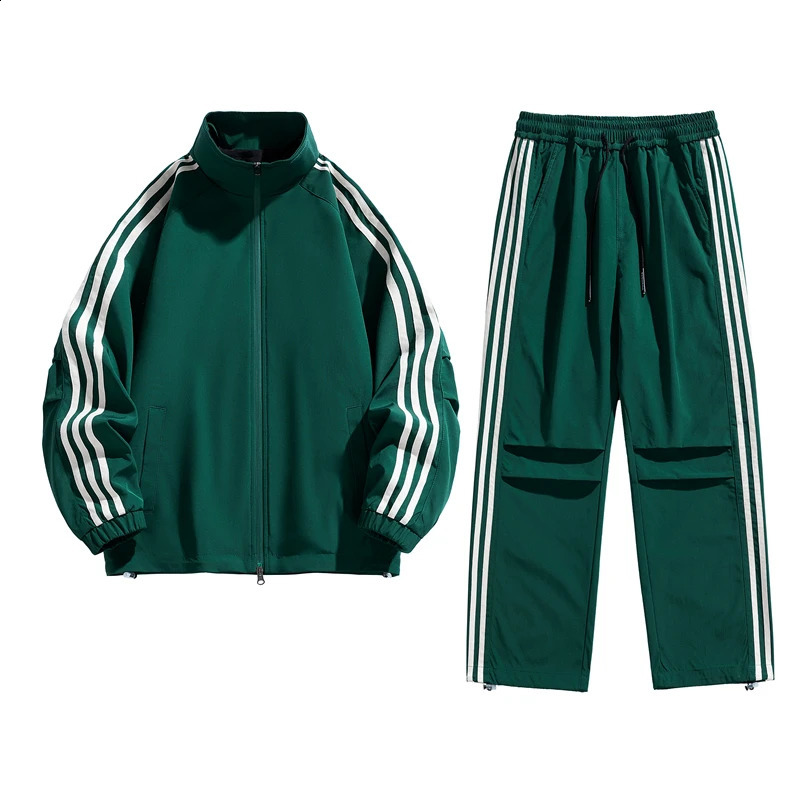 Youth Waterproof Suit Autumn Classic Striped Two Pieces Set Men Stand Collar Top Casual Jogging Outdoor Sweatpants Couple Sports 241017