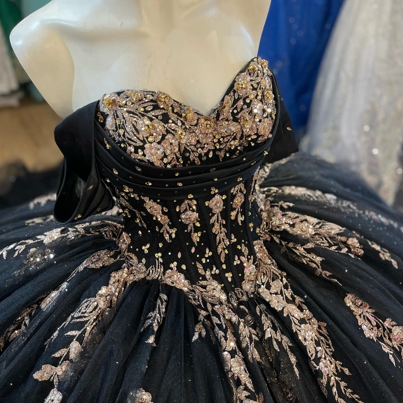 Black Gillter Princess Quinceanera Dresses Gold Sequin Applique Lace Crystal Tull Corset Lace-up vestidos de 15 anos Sweet 16 Dress