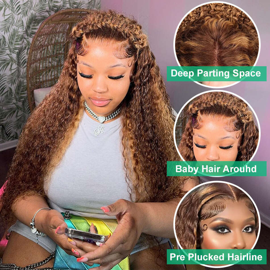 200 Density 30 40 Inch 4/27 Highlight Ombre Colored Curly 13x6 Lace Frontal Human Hair wigs Deep Wave 13x4 Wigs For Women