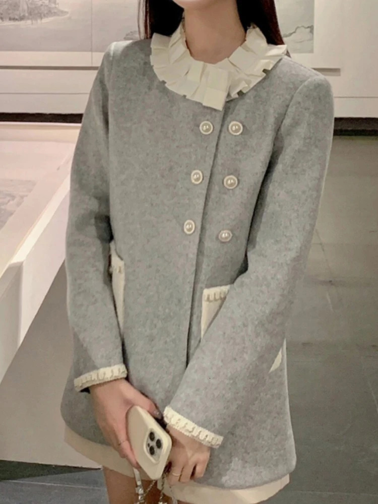 French Gray Elegnat Midlength Warm Jacket Womens Autumn Winter Princess Sweet Clothes Thickened n Causal Coat Party 241018