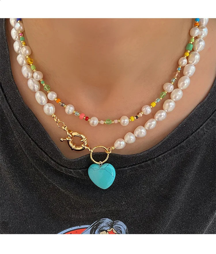 Brass Natural Freshwater Pearl Colored Bead Necklace Womens Jewelry Punk Runway Dress Bohemian Japan Korea 241018