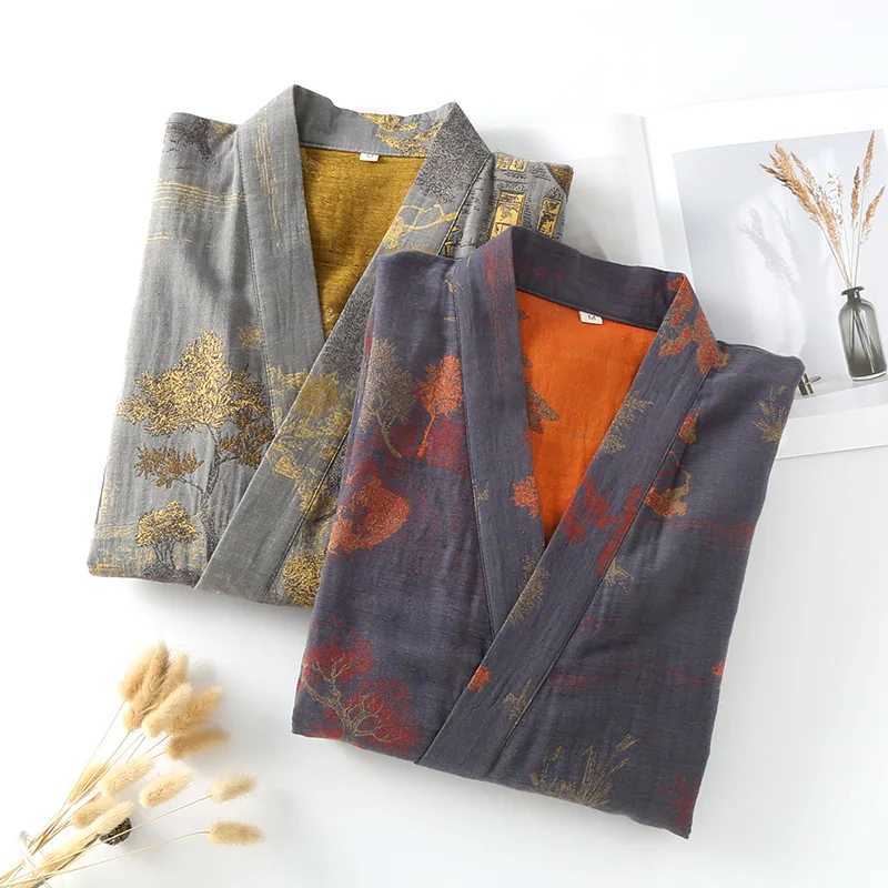 Kimono Robe Cotton Pajamas Spring Summer Loose Double Layer Gauze Mens Bathrobe Floral Print Sleepwear Lounge GownXJ241018