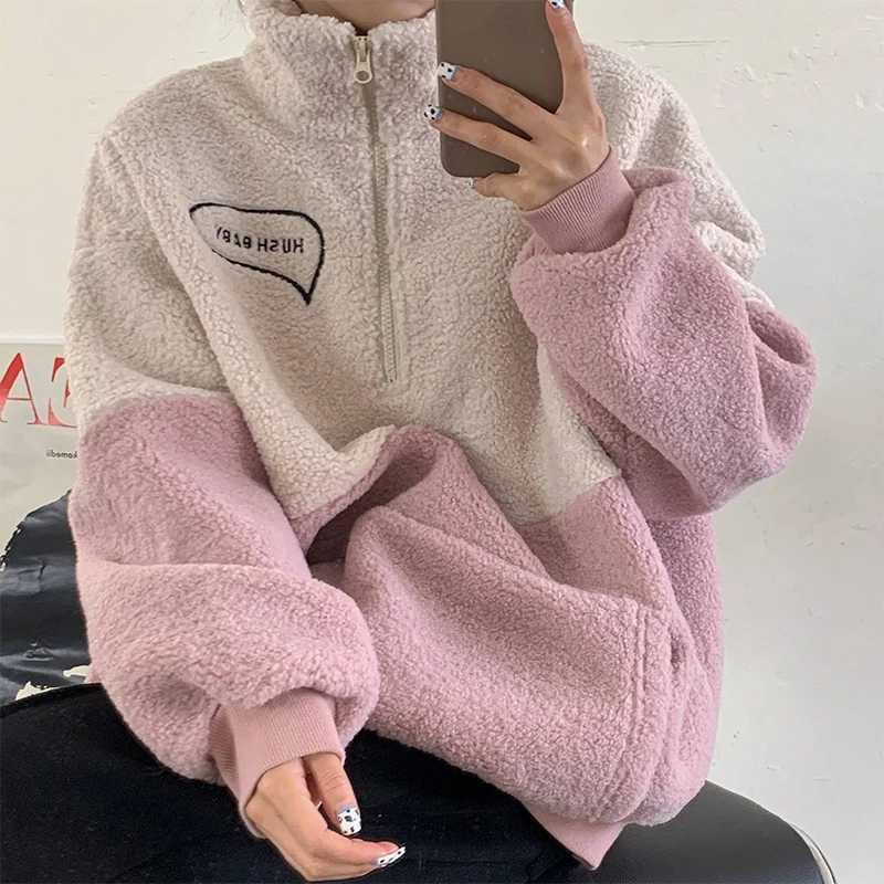 Winter Korean Casual Women Hoodie Sweatshirt Harajuku Lamb Wool Zipper Half High Collar Coat Letters Hush Baby Female PulloverX241018