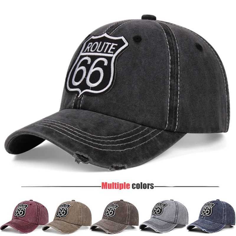 Trends Route 66 Embroidery Retro Washed Ladies Hat Unisex Sun Hat Baseball Cap For Men Adjustable Denim Dad HatX241018