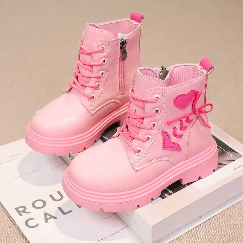 Boots Childrens Fashion Boots Girls Ankle Boots Elegant Zipper Cool Love Pattern Childrens Princess Leather Boots Anti Slip Size 26-37 H241018