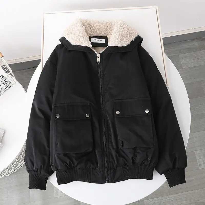 Autumn And Winter Plus Velvet Liner Candy-colored Tooling Womens Loose Coat Collar Wool Collar Imitation Lamb Student JacketX241018