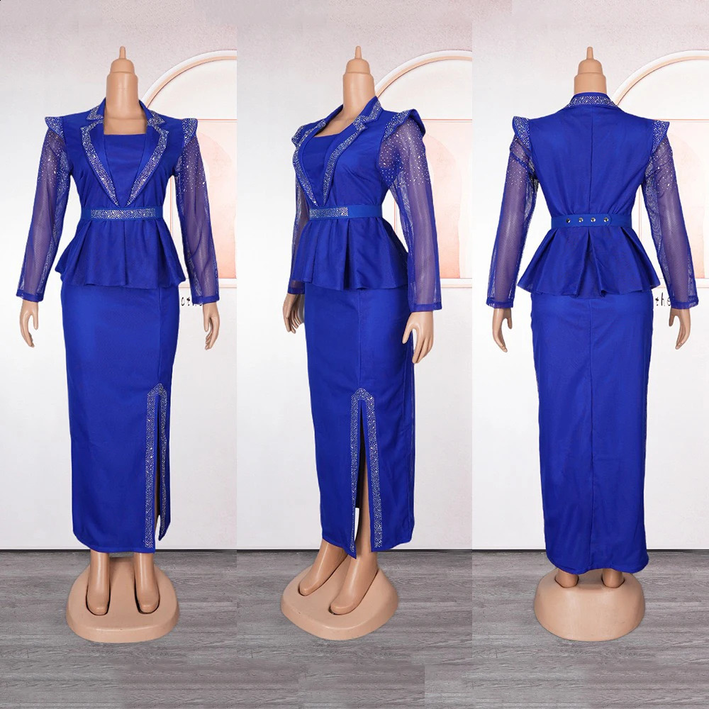 African Womens Elegant 2024 Square Collar Diamond Full Sleeve Waist Belt Side Split Floor Length Birthday Dress 241017