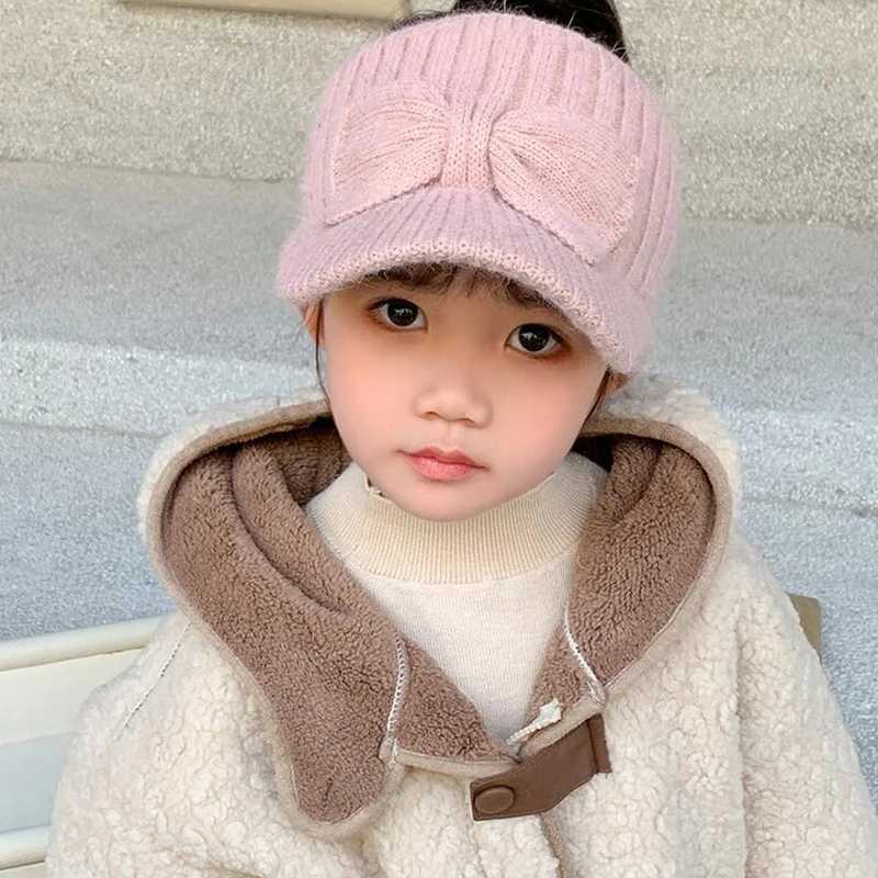 Empty Top Ear Protection Woolen Hat Baby Girl Bow Knitted Duckbill Hats 3-10year Kids Winter Warm Earmuffs Cap Children Beanies LX241018
